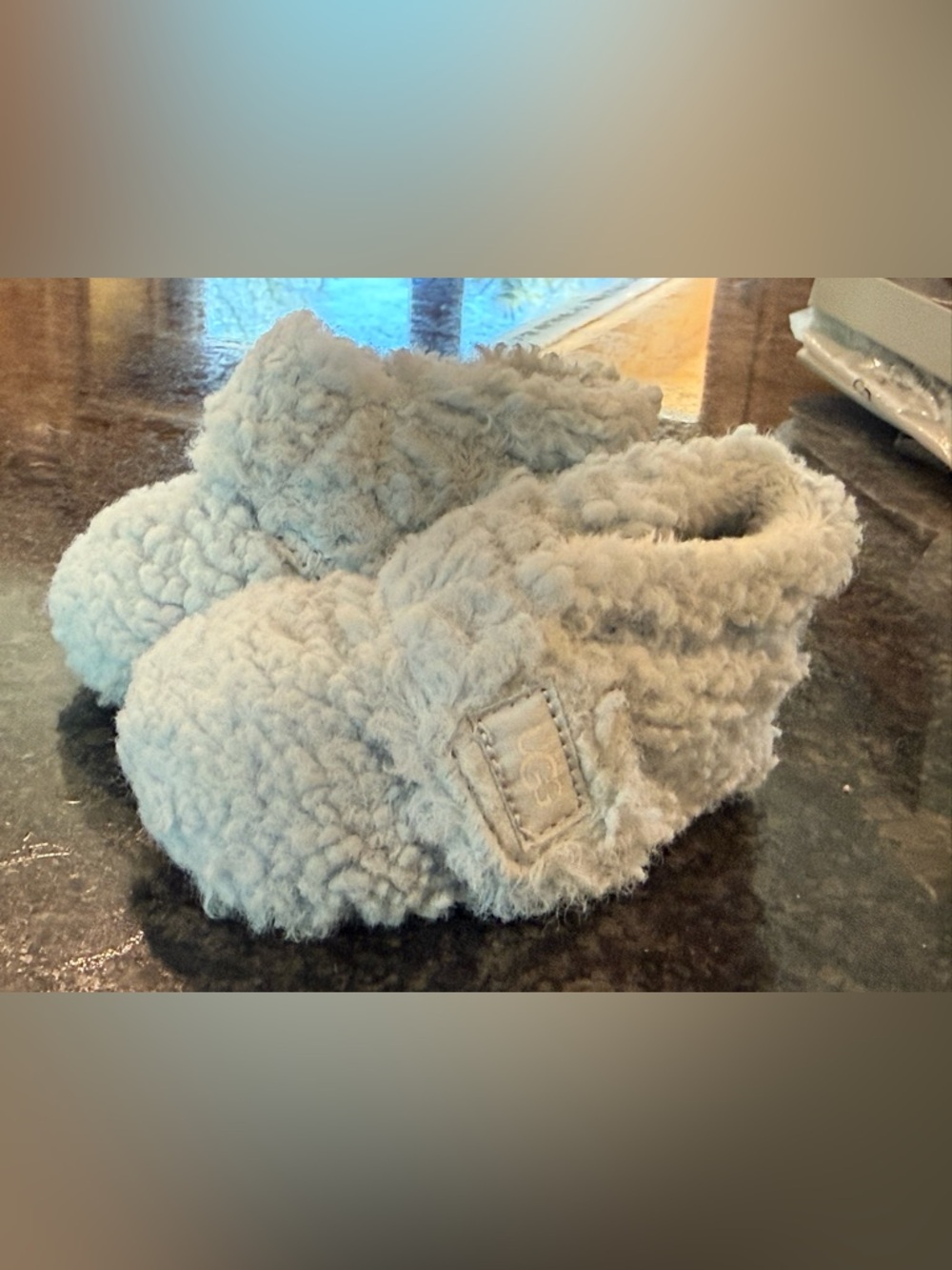 UGG Fluffy Shearling Clog Slippers in Light Gray